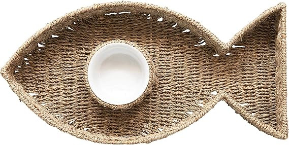 Creative Co-Op Hand-Woven Seagrass Fish Shaped 8oz. Ceramic Chip & Dip Bowl, 8 oz, Natural | Amazon (US)