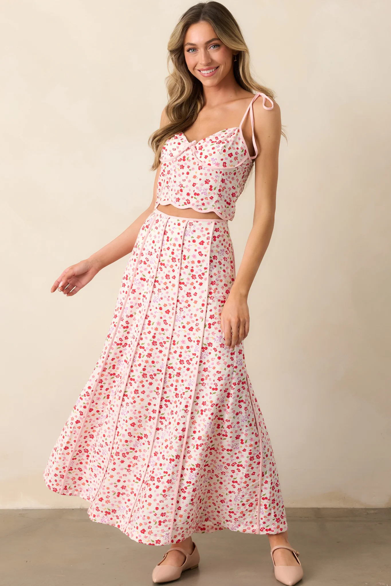 One Way Or Another Pink Cherry Floral Panel Maxi Skirt | Red Dress