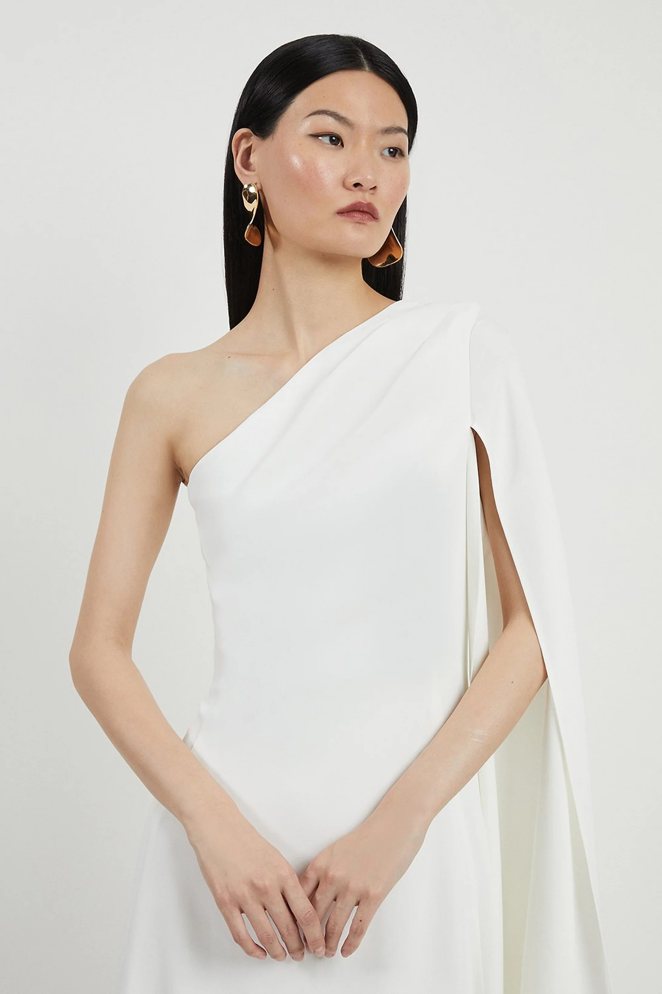 Satin Back Crepe One Shoulder Drape Sleeve Maxi Dress | Karen Millen | Karen Millen US