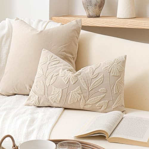 BlissBlush Decorative Lumbar Pillow Cover 12x20, Beige Neutral Accent Velvet Throw Pillowcase for Couch Sofa Living Room, Floral Tufted Rectangular Cushion, Cover Only | Amazon (US)