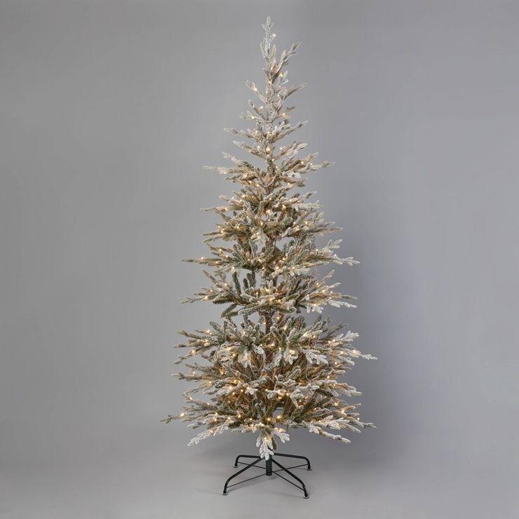 7.5' Pre-Lit LED Slim Flocked Balsam Fir Artificial Christmas Tree Warm White Lights - Wondershop... | Target