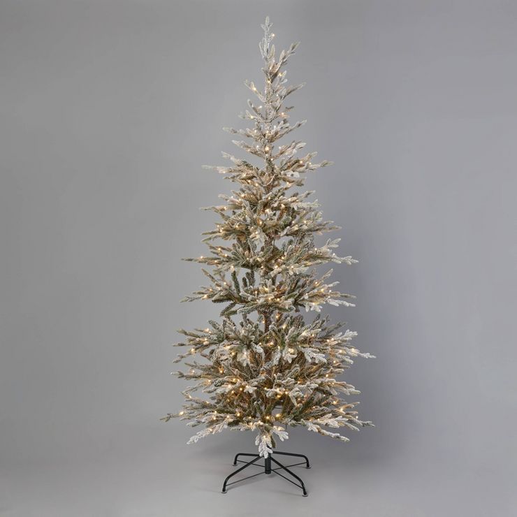 7.5&#39; Pre-Lit LED Slim Flocked Balsam Fir Artificial Christmas Tree Warm White Lights - Wonder... | Target