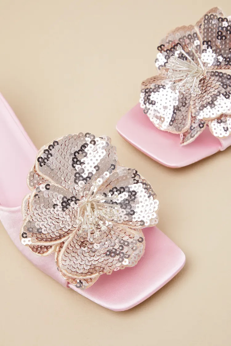 Lumena Baby Pink Satin Flower High Heel Slide Sandals | Lulus