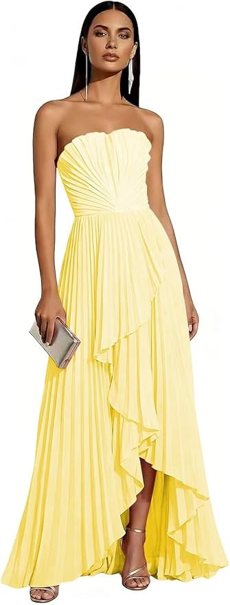 Strapless Bridesmaid Dresses for Women 2026 Pleated Satin Hi-Lo Formal Dress for Wedding Guest | Amazon (US)
