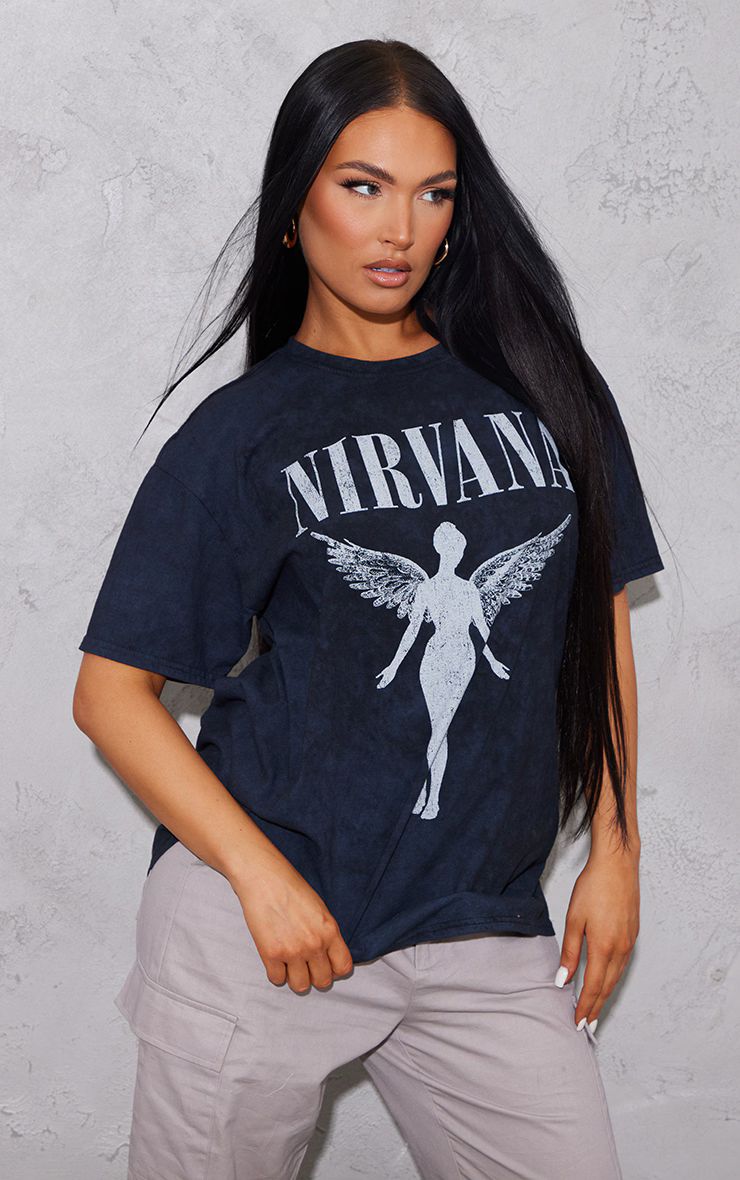 Black Nirvana Print Washed T Shirt | PrettyLittleThing US