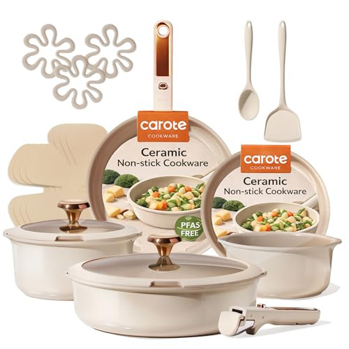 CAROTE 18Pcs Ceramic Cookware Set with Detachable Handle, Pots and Pans Set Non Stick, Non Toxic Cookware Set Removable Handles, Induction Kitchen Cookware Sets, Dishwasher/Oven Safe | Amazon (US)