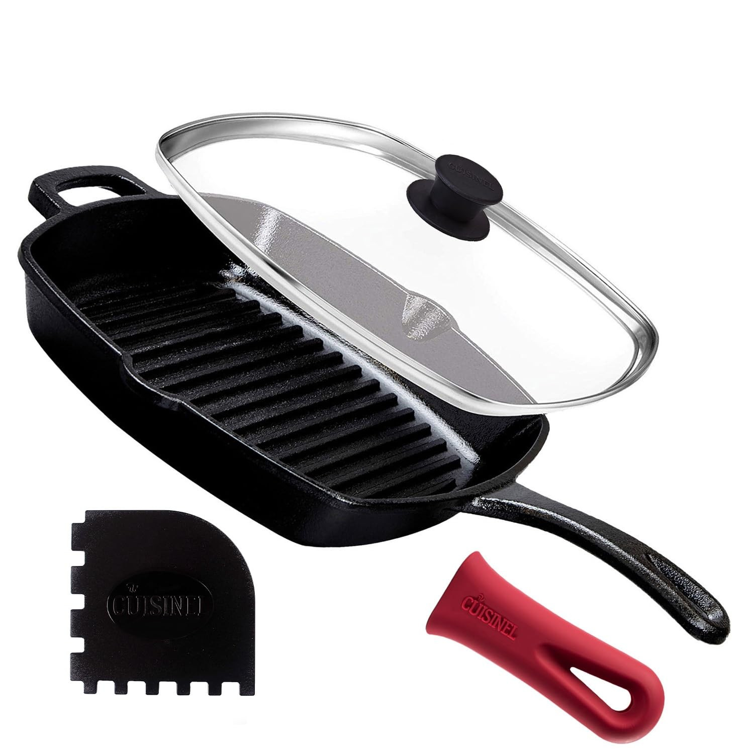 Cuisinel Cast Iron Square Grill Pan + Glass Lid + Pan Scraper + Handle Cover - 10.5" Pre-Seasoned... | Amazon (US)
