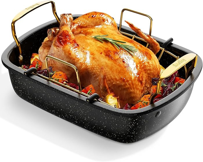 Nonstick Roasting Pan with Rack, 17" x 13" Large Turkey Roaster Pan, Oven Roasting Pan, Roaster P... | Amazon (US)