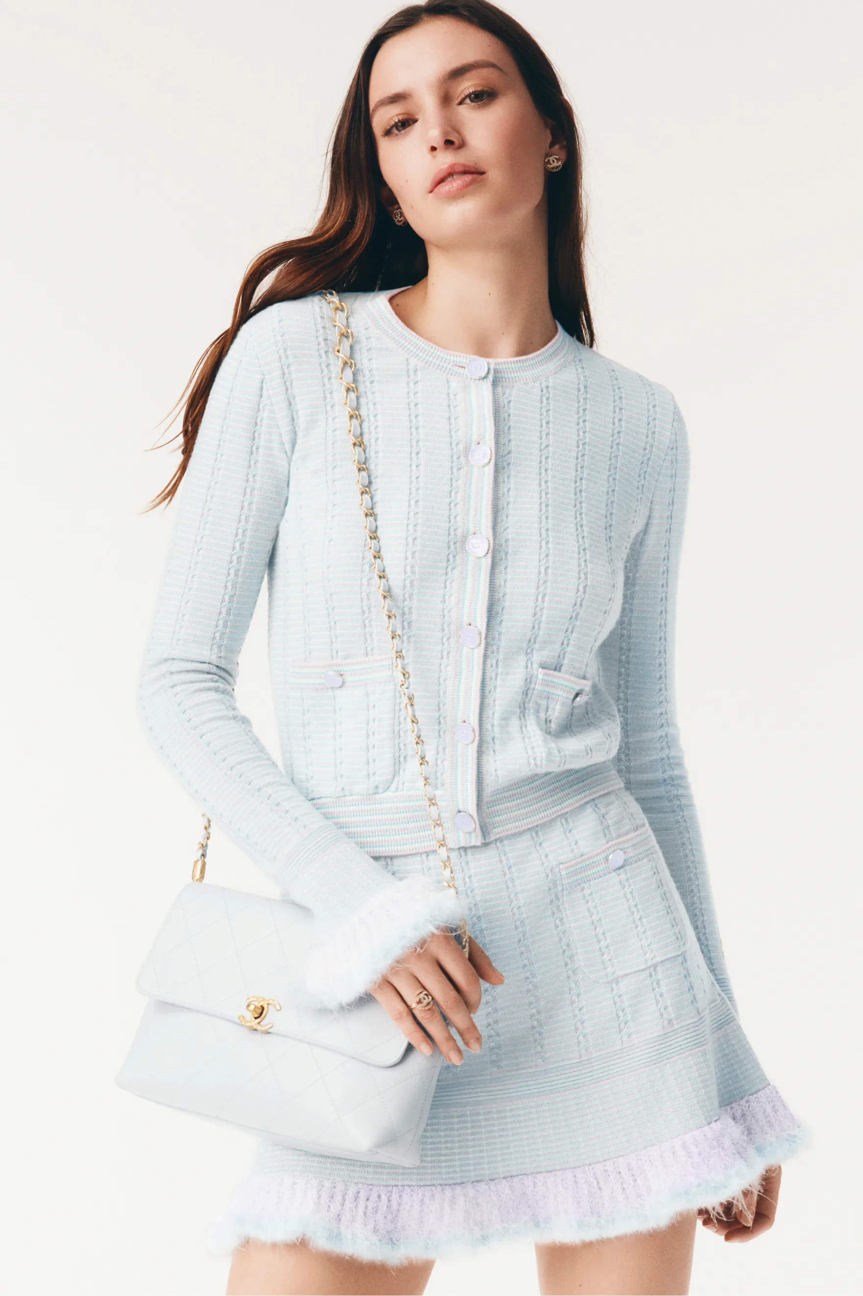Cardigan - Cashmere, cotton & feathers, light blue, purple & pink — Fashion | CHANEL | Chanel, Inc. (US)