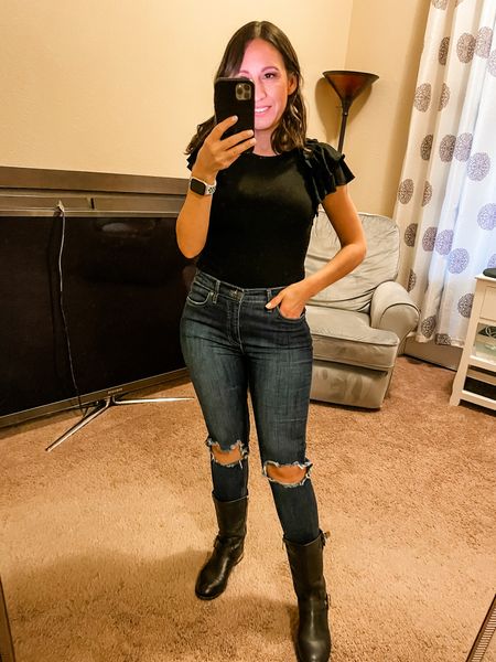 Black bodysuit, mid rise jeans, and black moto boots. 
Bodysuit is an Amazon fashion find. It’s runs tts. 
Jeans are Good American brand. They run tts. I love them! 
Boots are Vince Camuto. They run tts. 
#ltkpetite 
Lunch outfit. 
#ltkunder25

#LTKfindsunder100 #LTKsalealert #LTKshoecrush
