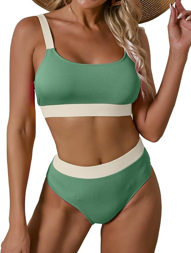 Women Sports High Waisted Swimsuits Two Piece Scoop Neck Crop Top Bikini Cheeky High Cut Ribbed C... | Amazon (US)