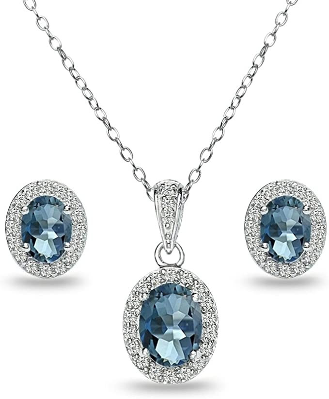 Sterling Silver Genuine or Synthetic Gemstone Oval Halo Necklace & Earrings Jewelry Set for Women... | Amazon (US)