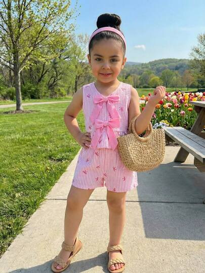 SHEIN Young Girl Casual Strawberry Print Tie Bow Ruffle Hem Sleeveless Top And Shorts Set, Comfor... | SHEIN