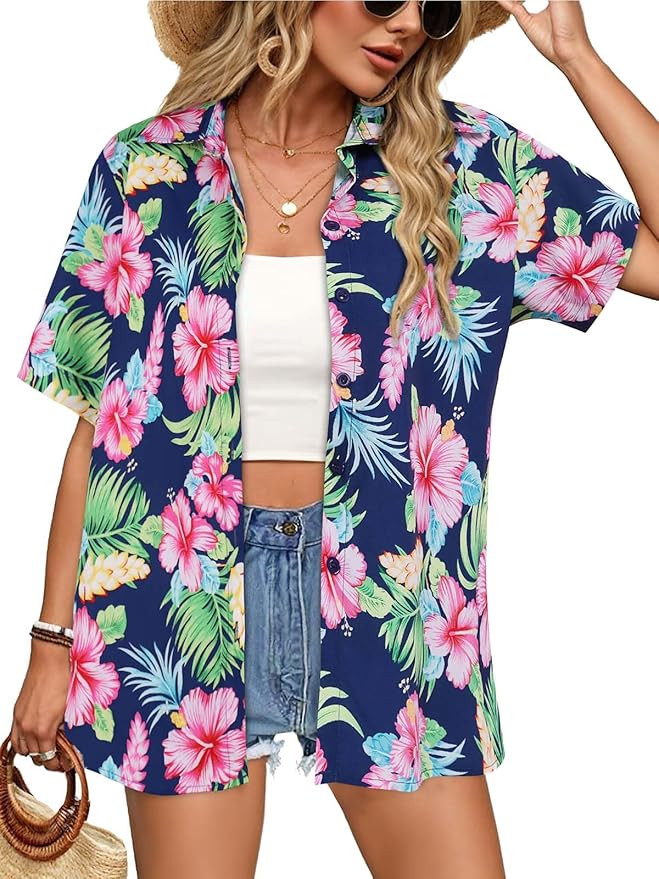 Women Hawaiian Shirt Button Down Summer Tops Beach Cool Short Sleeve V Neck Blouse | Amazon (US)