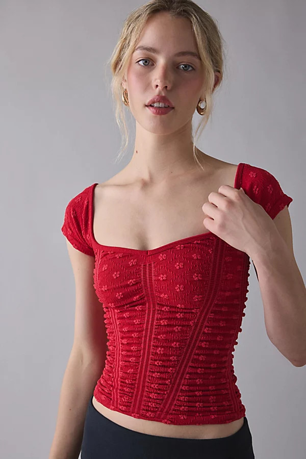 Out From Under Rosalie Ruched Seamless Knit Short Sleeve Top in Red, Women's at Urban Outfitters | Urban Outfitters (US and RoW)