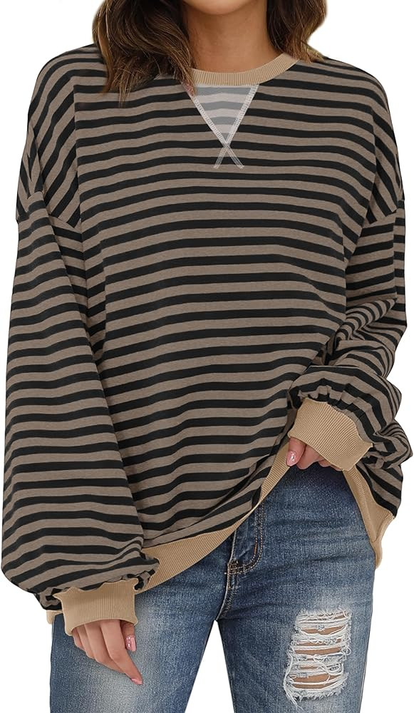 XIEERDUO Womens Crewneck Oversized Sweatshirt Striped Color Block Tops Long Sleeve Shirts Pullove... | Amazon (US)
