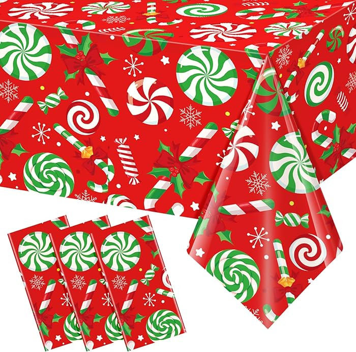 3 Pcs Christmas Candy Cane Plastic Tablecloths,Disposable Xmas Peppermint Swirl Red Green White T... | Amazon (US)
