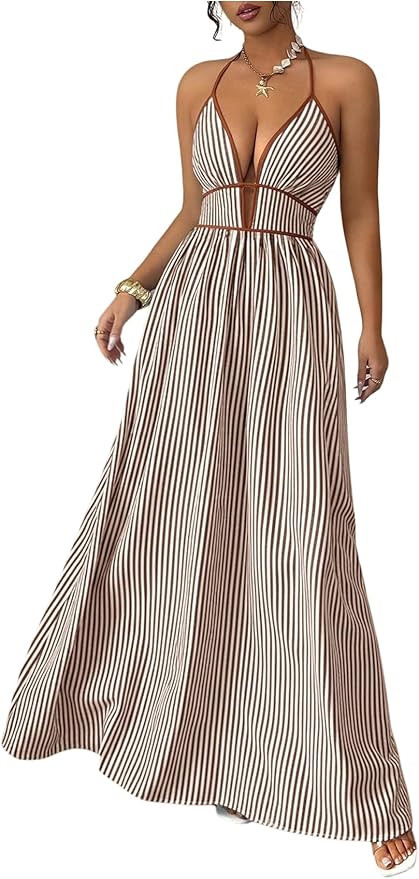 Floerns Women's Striped Halter Maxi Dress Backless Smocked Boho Dress | Striped, Halter Neck, Con... | Amazon (US)