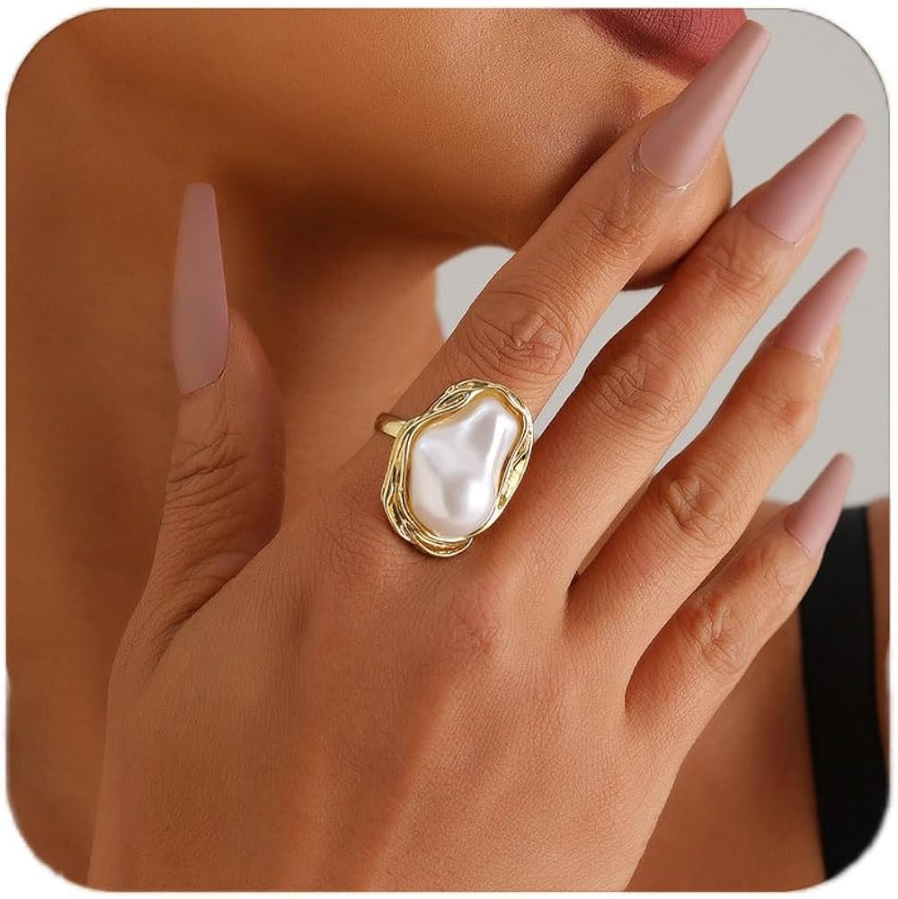 Baroque Pearl Ring for Women 14k Gold Baroque Pearl Ring Adjustable Irregular Pearl Rings for Wom... | Amazon (US)