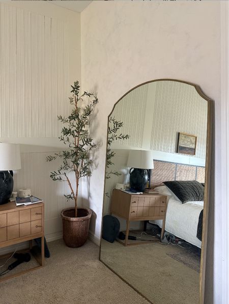 Extra large brass floor mirror with a subtle arched detail, 82” faux olive tree styled in a vintage basket  

#LTKhome #LTKstyletip