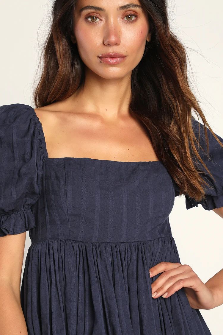 A Day in Paris Navy Blue Square Neck Puff Sleeve Babydoll Dress | Lulus (US)