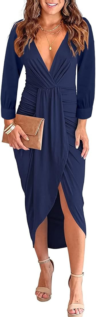 Fashion Women Long Sleeve Deep V Neck Midi Dress Pleated Solid Fall Dress Sexy Split Dress Wedding G | Amazon (US)