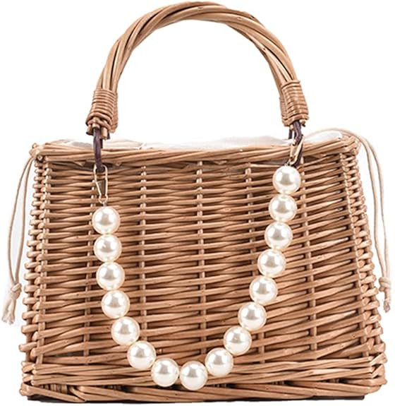 Straw Purse Beach Purse Wicker Bag for Women Beach Straw Bag Rattan Bag Basket Purse Pearl Straw ... | Amazon (US)