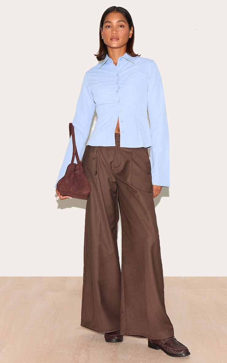 Chocolate Woven Double Pleat Wide Leg Pants | PrettyLittleThing US