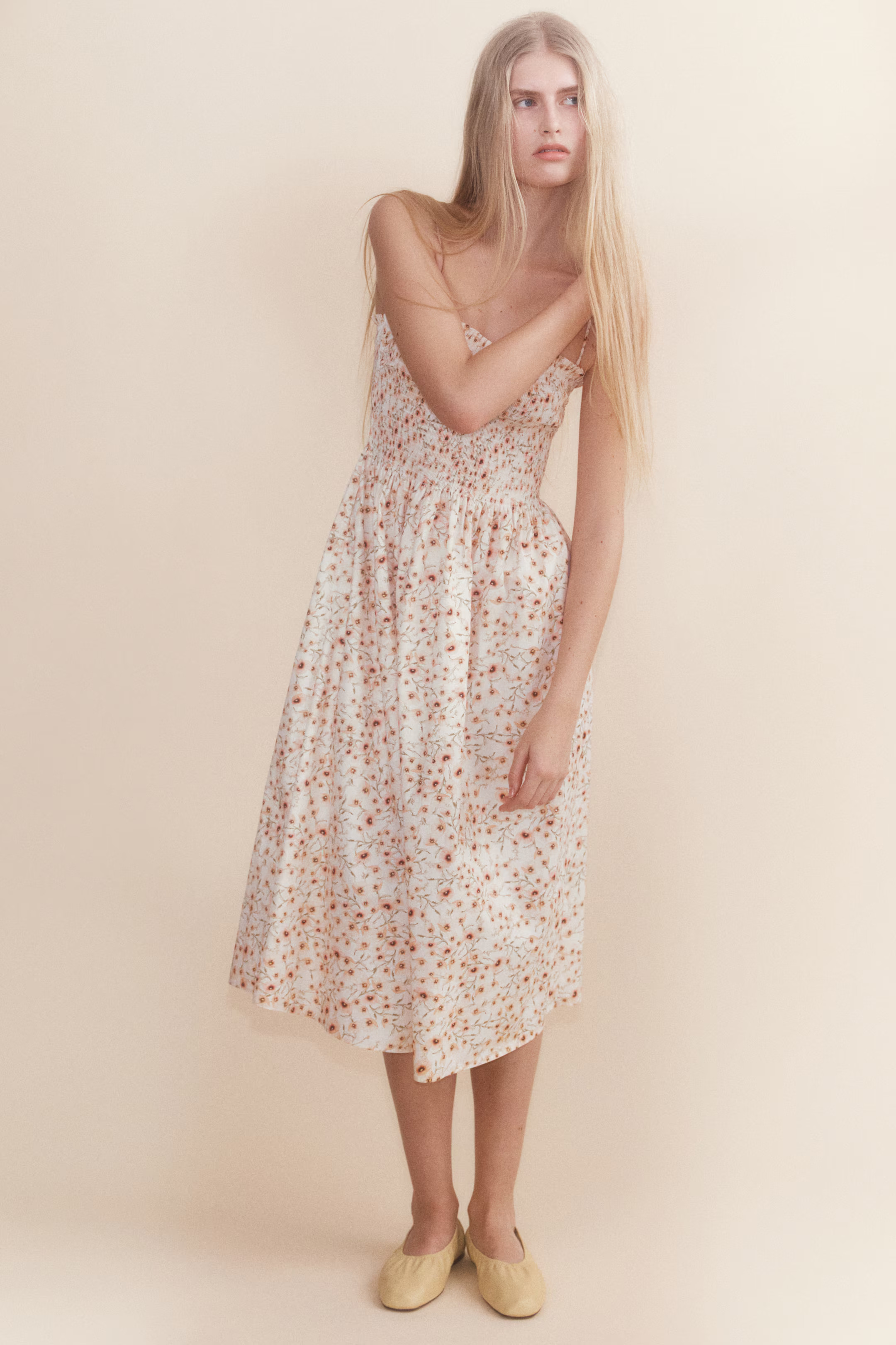 Smocked-bodice Dress - White/floral - Ladies | H&M US | H&M (US + CA)