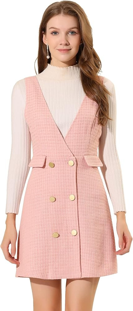 Allegra K Women's Elegant Vintage Button Front V Neck Plaid Tweed Overalls Pinafore Dress | Amazon (US)