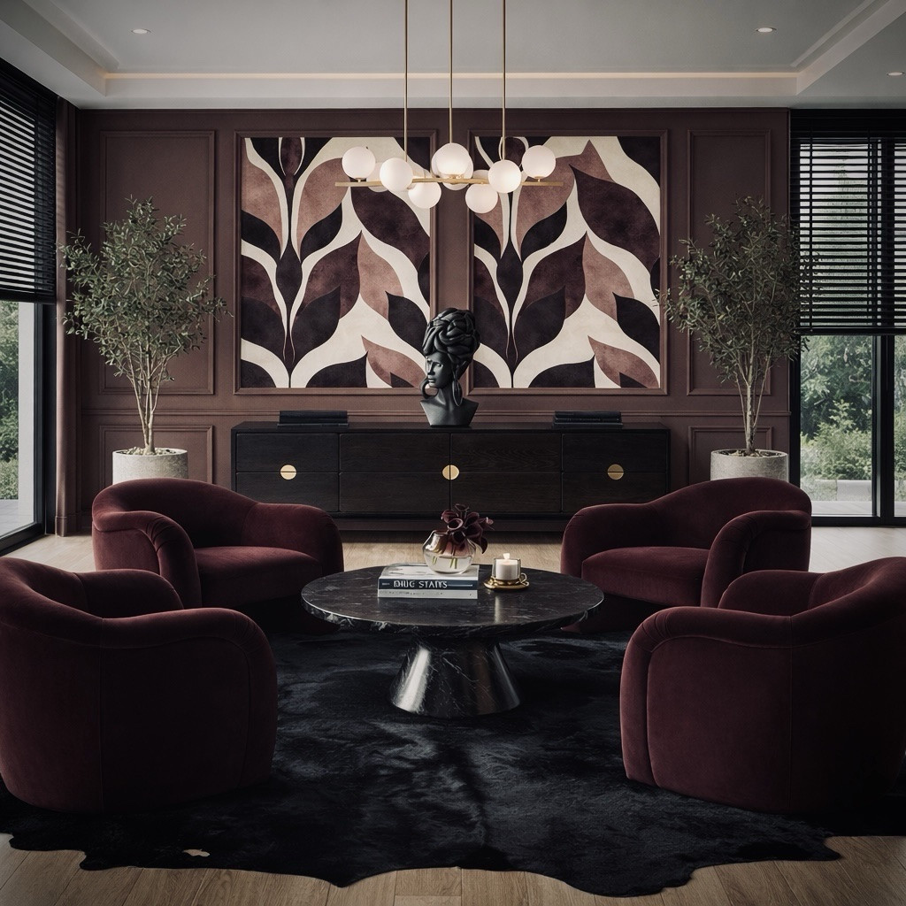 Moody, modern, and perfectly balanced. This space is all about symmetry, texture, and rich tones, from the deep burgundy seating to the bold wall detailing and oversized black cowhide grounding it all. This is proof that drama doesn’t have to feel heavy when everything is intentional.

Would you lounge here or host here?

Shop the look on my LTK.

Wallpaper from Painted Paper: 

https://paintedpaper.com/products/lysandra-wallpaper

#ModernLivingRoom

#LTKHome