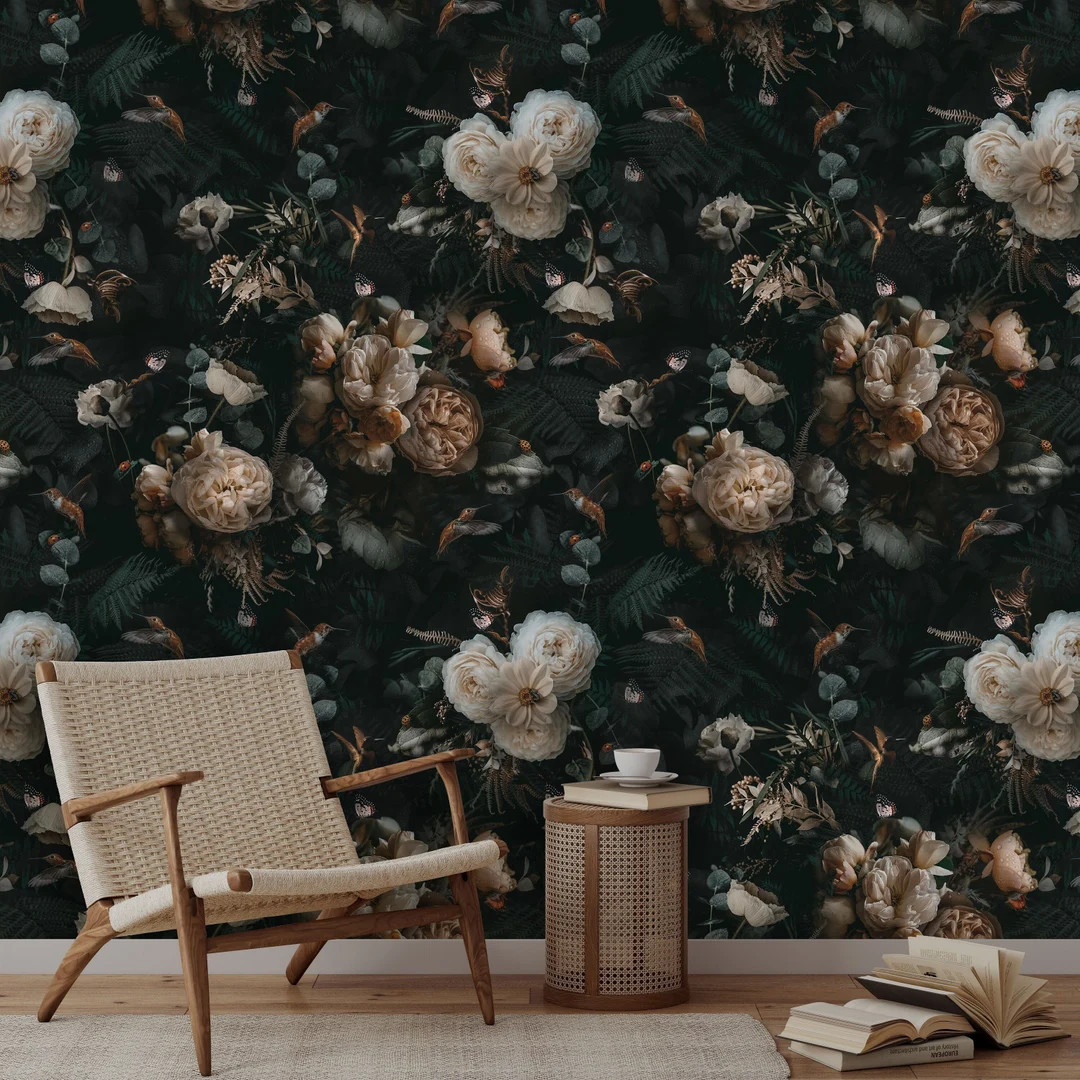 Vintage Floral Wallpaper Removable Self Adhesive Dark Floral Mural Peonies and Birds Peel and Sti... | Etsy (US)