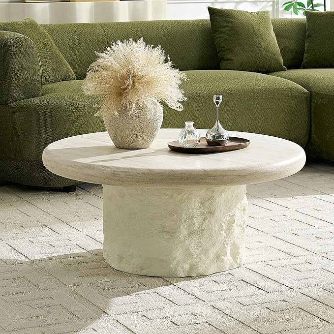 JUSTONE 35.04''Inch Faux Mars Textural Round Coffee Table, No Assembly Required, Beige Accent Tab... | Amazon (US)