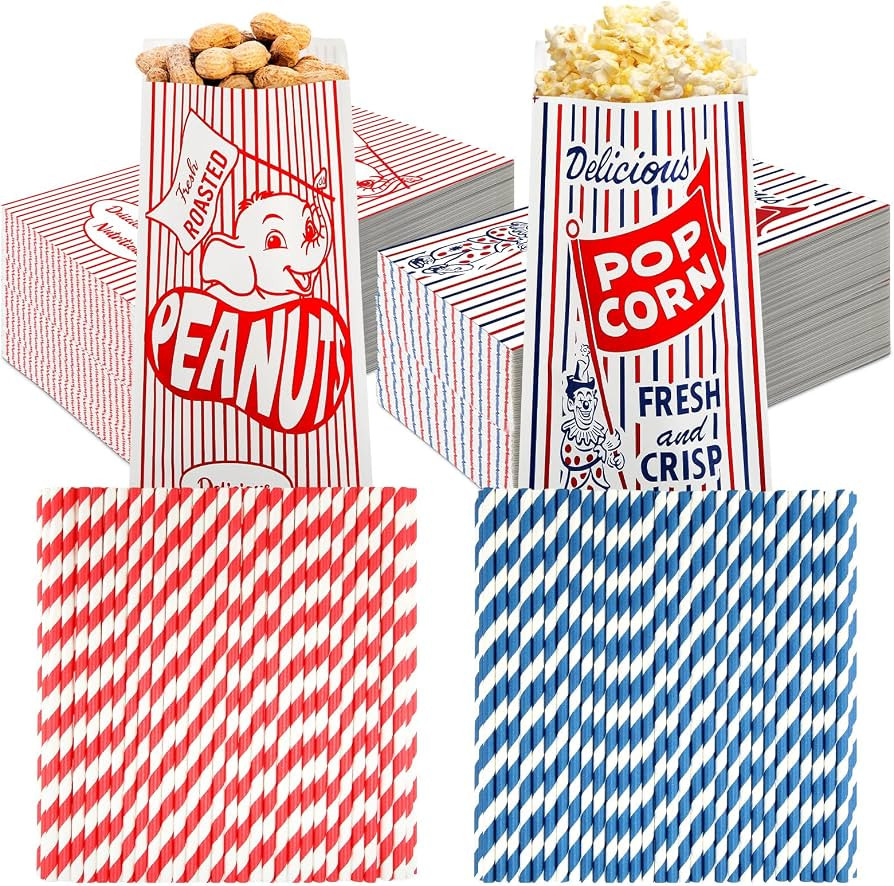 Marspark 400 Pcs Papers Popcorn and Peanut Bags with Red and Blue Paper Straws Red White Green Wr... | Amazon (US)