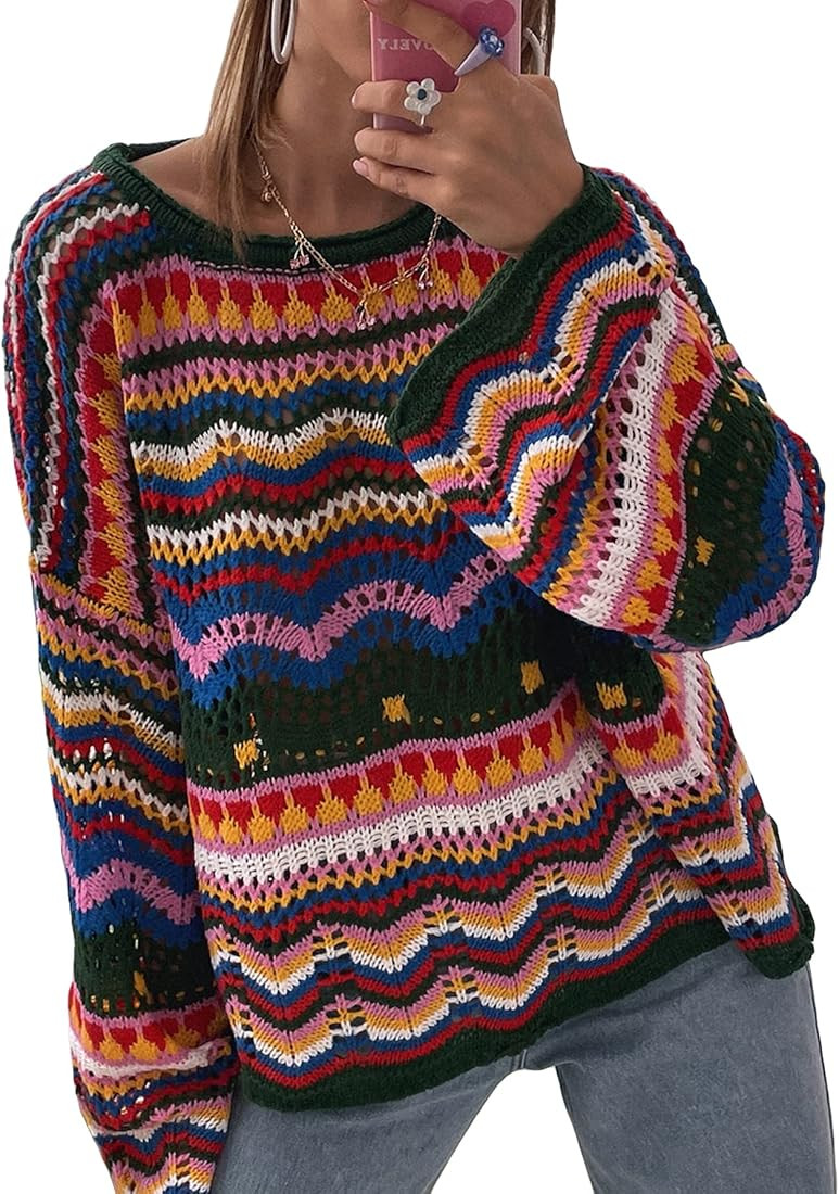 Floerns Women's Chevron Pattern Open Knit Long Sleeve Colorblock Drop Shoulder Sweater | Amazon (US)