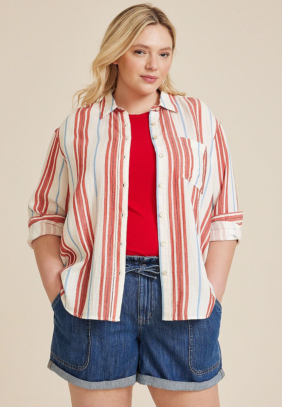Plus Size Double Cloth Relaxed Button Up Shirt | Maurices