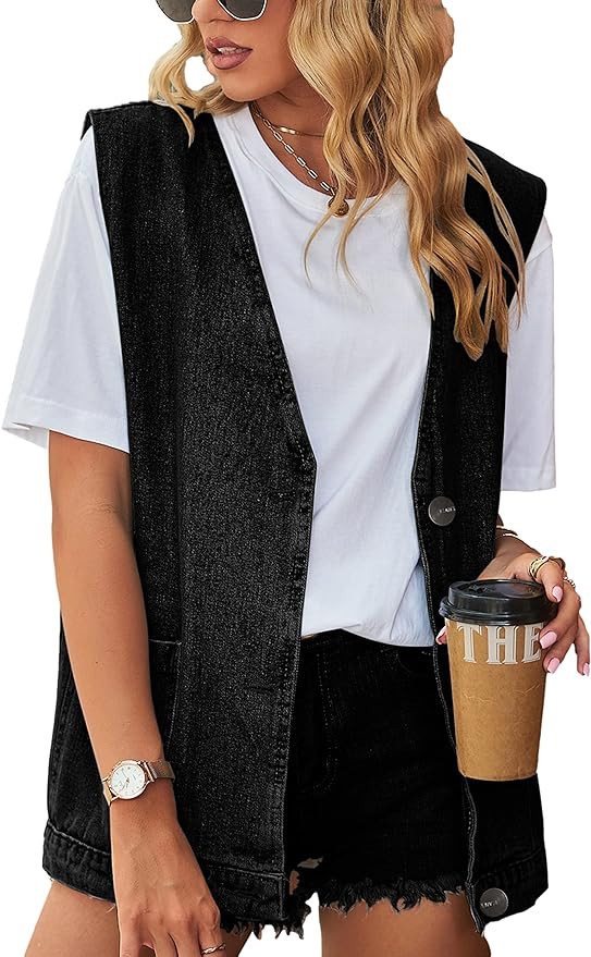 Womens Oversized Sleeveless Jean Denim Jacket Button Down Vest Top for Women Summer Waistcoat Jea... | Amazon (US)