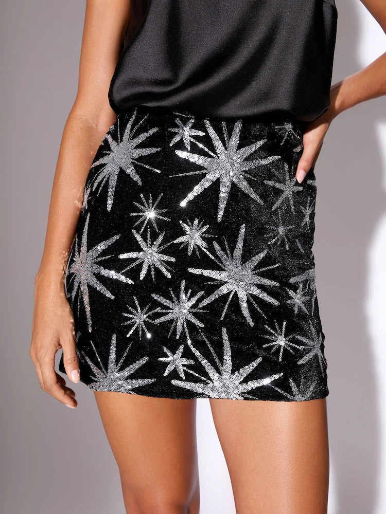 Lipsy Black Velvet Sequin Star Mini Skirt | Next EU