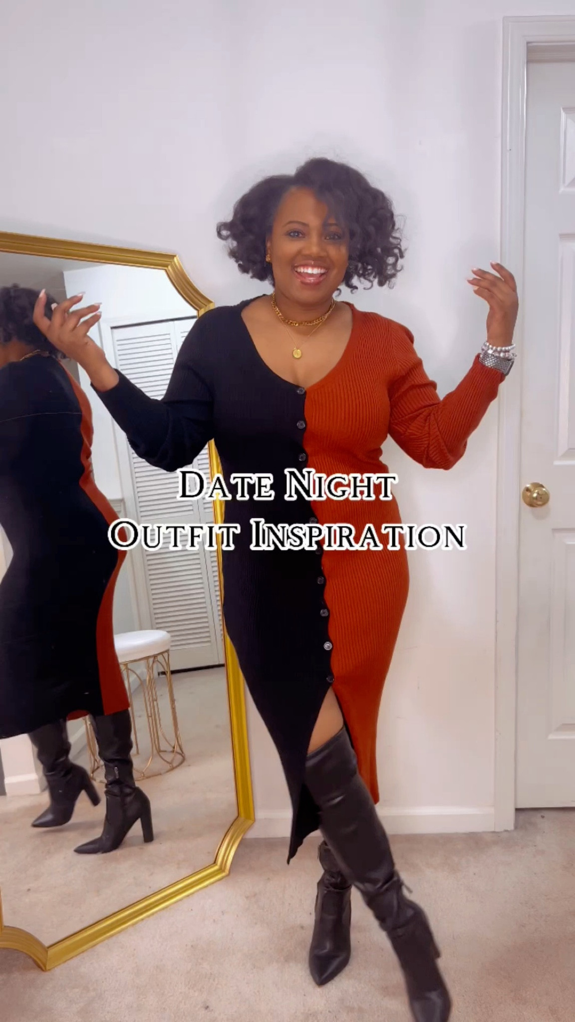 Dressed to impress for date night with a twist on classic chic. 🌟 This color-blocked black and orange midi dress, a stunning designer dupe, is buttoned up in style yet bursting with personality. Paired with elegant black knee-high boots, this ensemble strides confidently into any setting. The final flourish? My designer black bag, its gold chain glinting, and a selection of designer gold jewelry to catch the light. It’s all about mixing high-end allure with accessible fashion. #ColorBlockedChic #MidiDressMagic #KneeHighElegance #DesignerDupeDelight #LuxuryForLess #DateNightDressUp #TwoToneTrend #FashionFinesse #ElevatedEssentials #StatementStyle #AccessoryAccent #HighLowFashion #OrangeAndBlack #EveningElegance #ChicAndUnique #BootSeason #GoldDetailing #FashionistaFinds #StylishSteals #OutfitOfTheNight #LuxeLiferLooks

#LTKover40 #LTKfindsunder100 #LTKfindsunder50