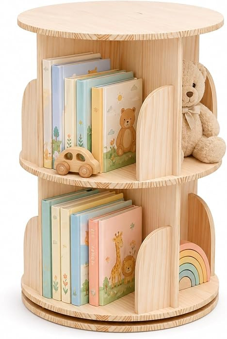Kids 2 Tier Rotating Bookshelf, 360\u00b0 Swivel Wooden Bookcase Organizer | Amazon (US)