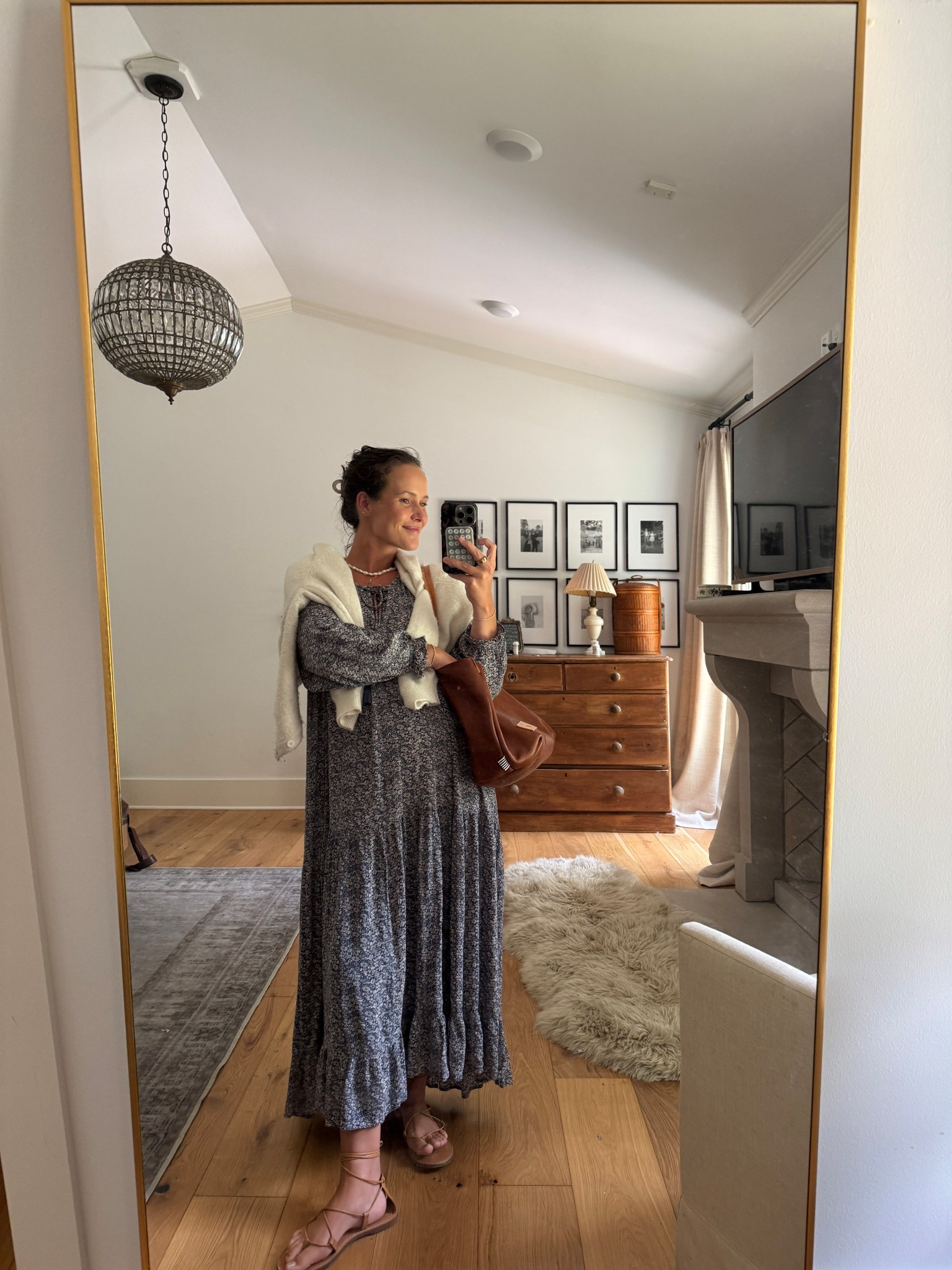 Easiest dress from Carly Jean! I had this same style in a different color while pregnant with Ella, and so great for pregnancy and postpartum as well. Sandals are Madewell from nearly 10 years ago!  Bag is from MeanwhileBackonTheFarm and great for fitting my Bible for church!  Can use code MARYKATE20 for 20% off  