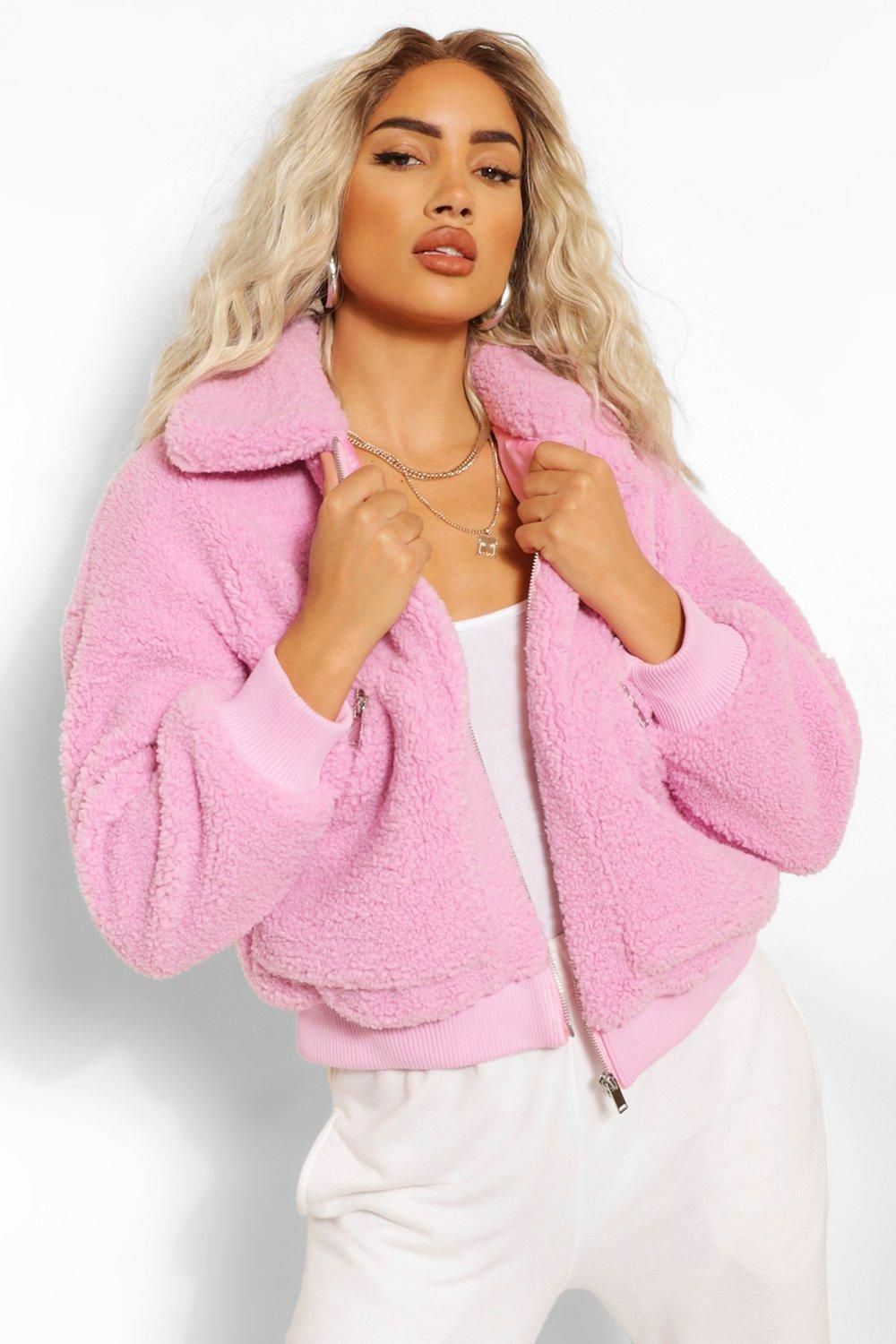 Womens Teddy Faux Fur Zip Detail Bomber - Pink - 12 | Boohoo.com (US & CA)