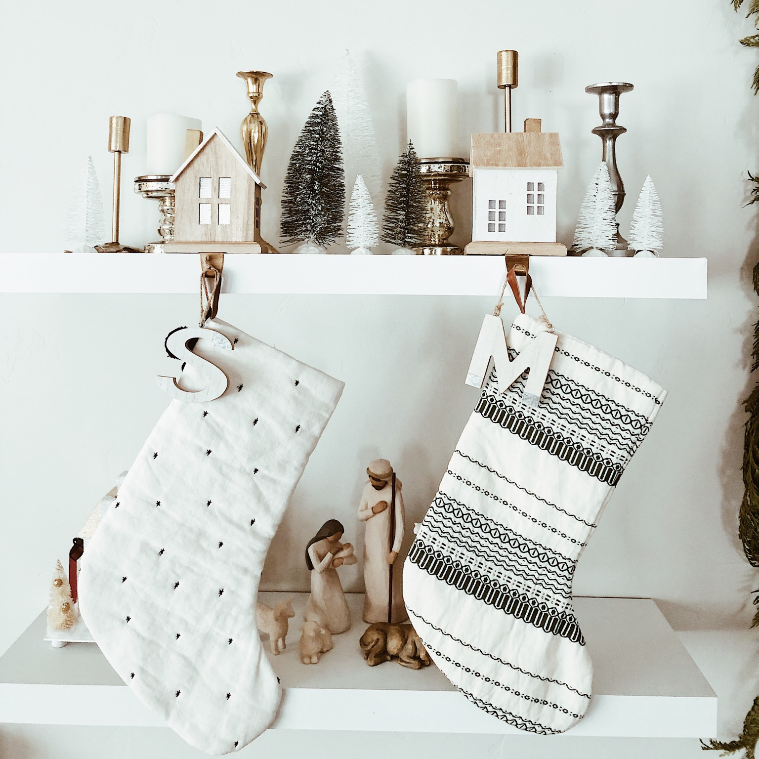 Christmas holiday stockings and light up houses