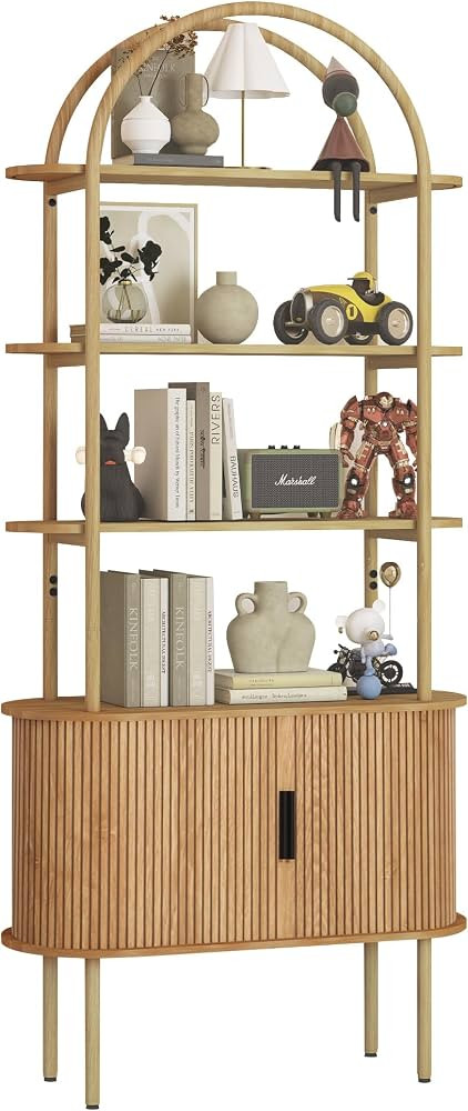 71" Tall Fluted Arched Bookshelf with Sliding Tambour Doors, Mid Century Modern Curved Bookshelf ... | Amazon (US)