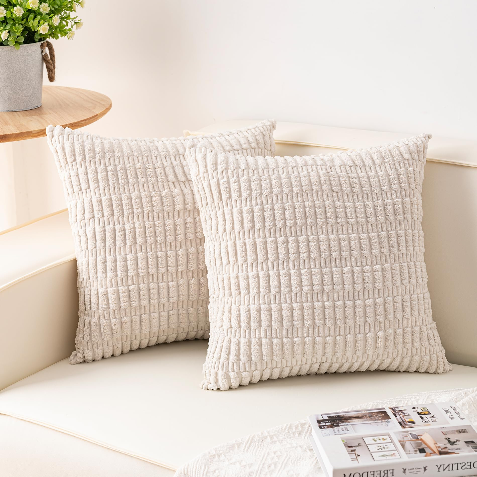Aegero Pack of 2 Corduroy Decorative Throw Pillow Covers 18x18 Inch Soft Striped Pillow Covers Modern Farmhouse Home Decor for Sofa Living Room Couch Bed(Cream White) | Amazon (US)