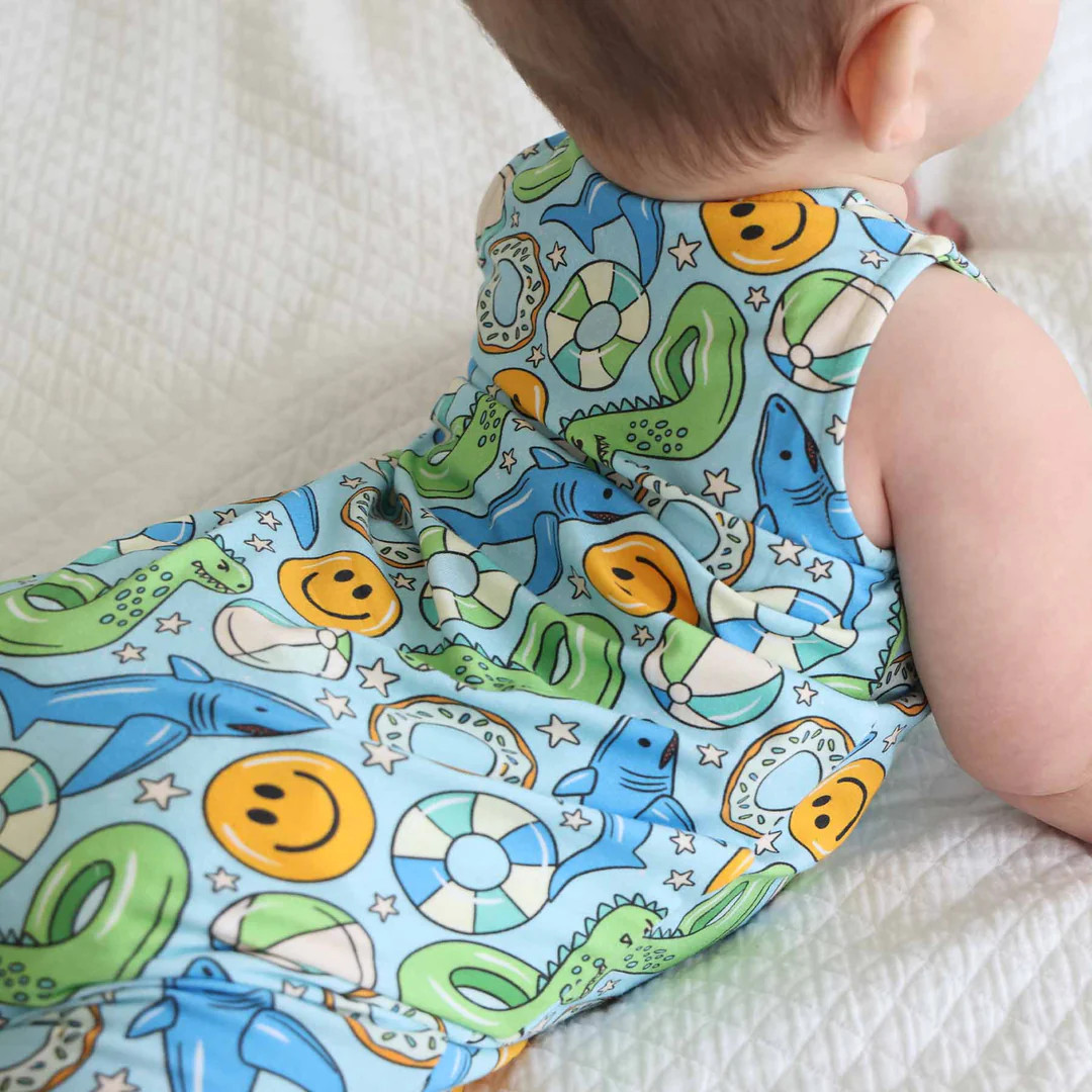 Sleeveless Snap Romper | Floatie Friends Blue | Caden Lane