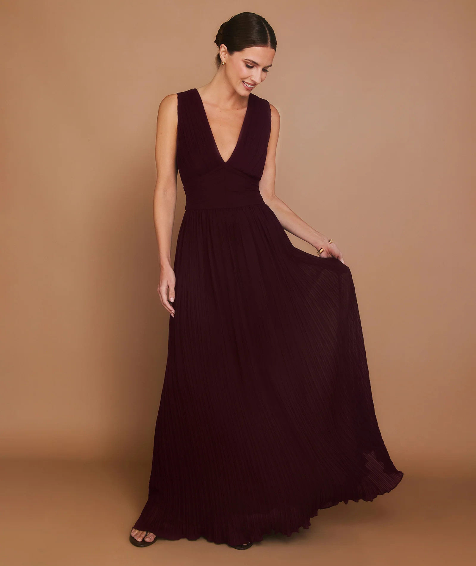 Pleated Plunge Maxi Dress - Wine | Six Stories