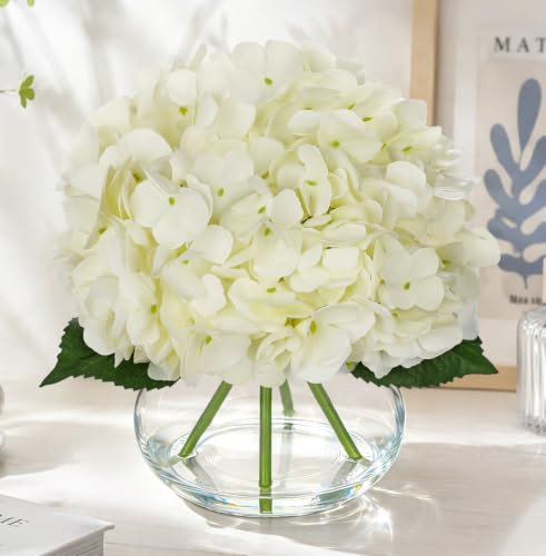 Hollyone Real Touch Hydrangea with Glass Vase Ivory Full Latex Hydrangeas Artificial Flowers in Vase Lifelike Bouquets Floral Arrangements with Faux Water for Wedding Table Centerpiece Home Decor | Amazon (US)