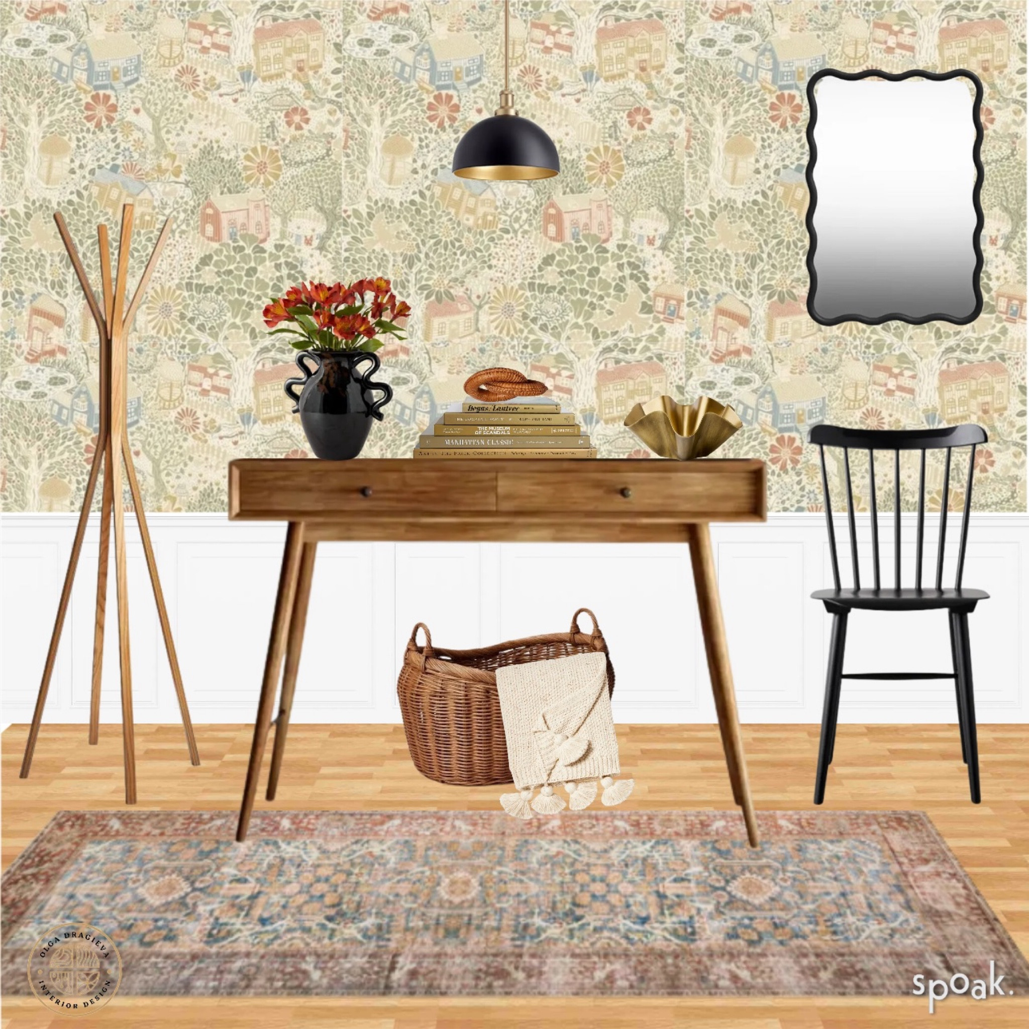 Gorgeous entryway design/moodboard with English cottage wallpaper, black wavy mirror from All Modern, black dining chair from Williams Sonoma, black and gold pendant by Lumens, mid-century modern console table and beautiful Loloi rug. 

#LTKhome #LTKSeasonal #LTKstyletip