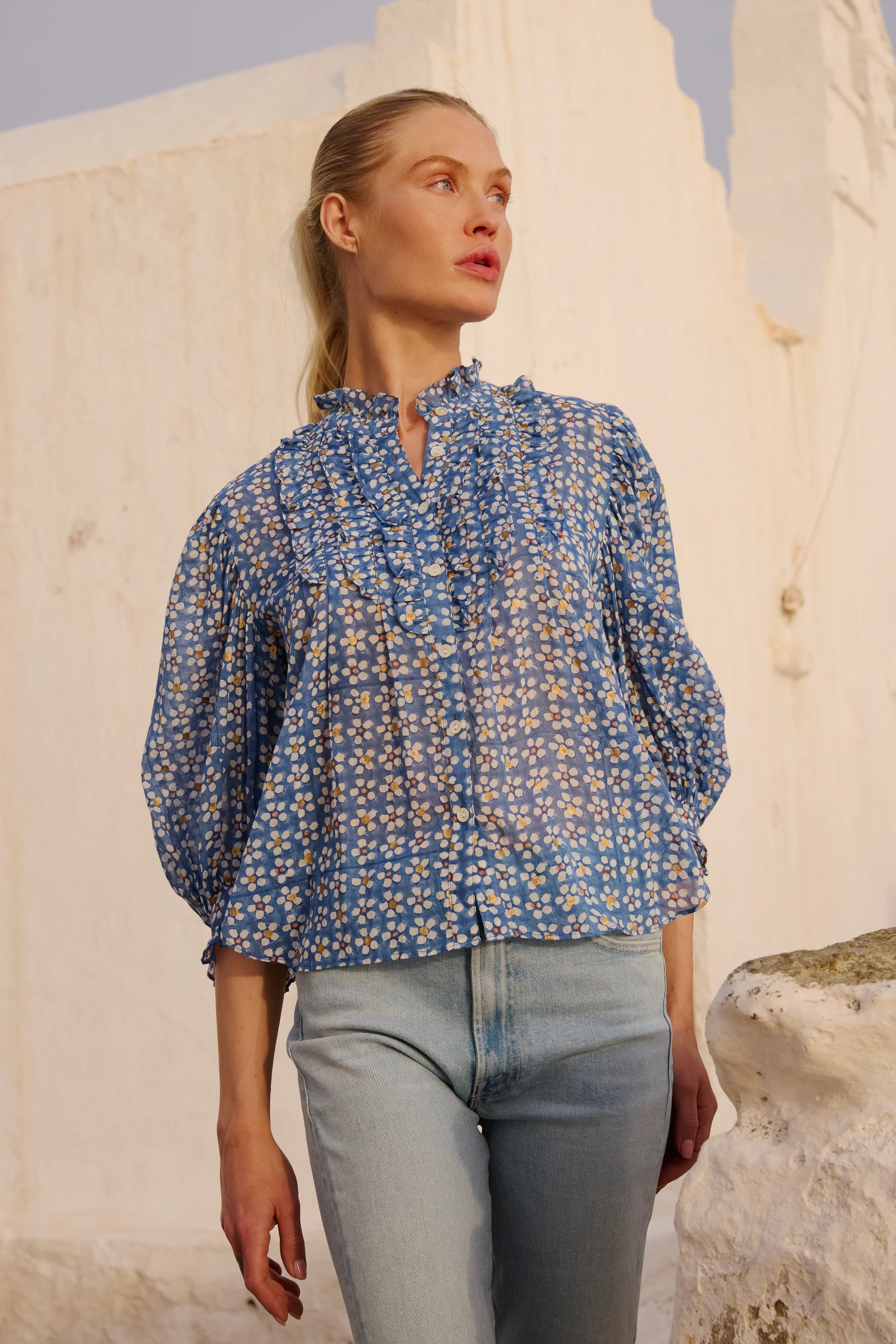 Ruffle Front Button Blouse- Aster Blue | Oliphant Design
